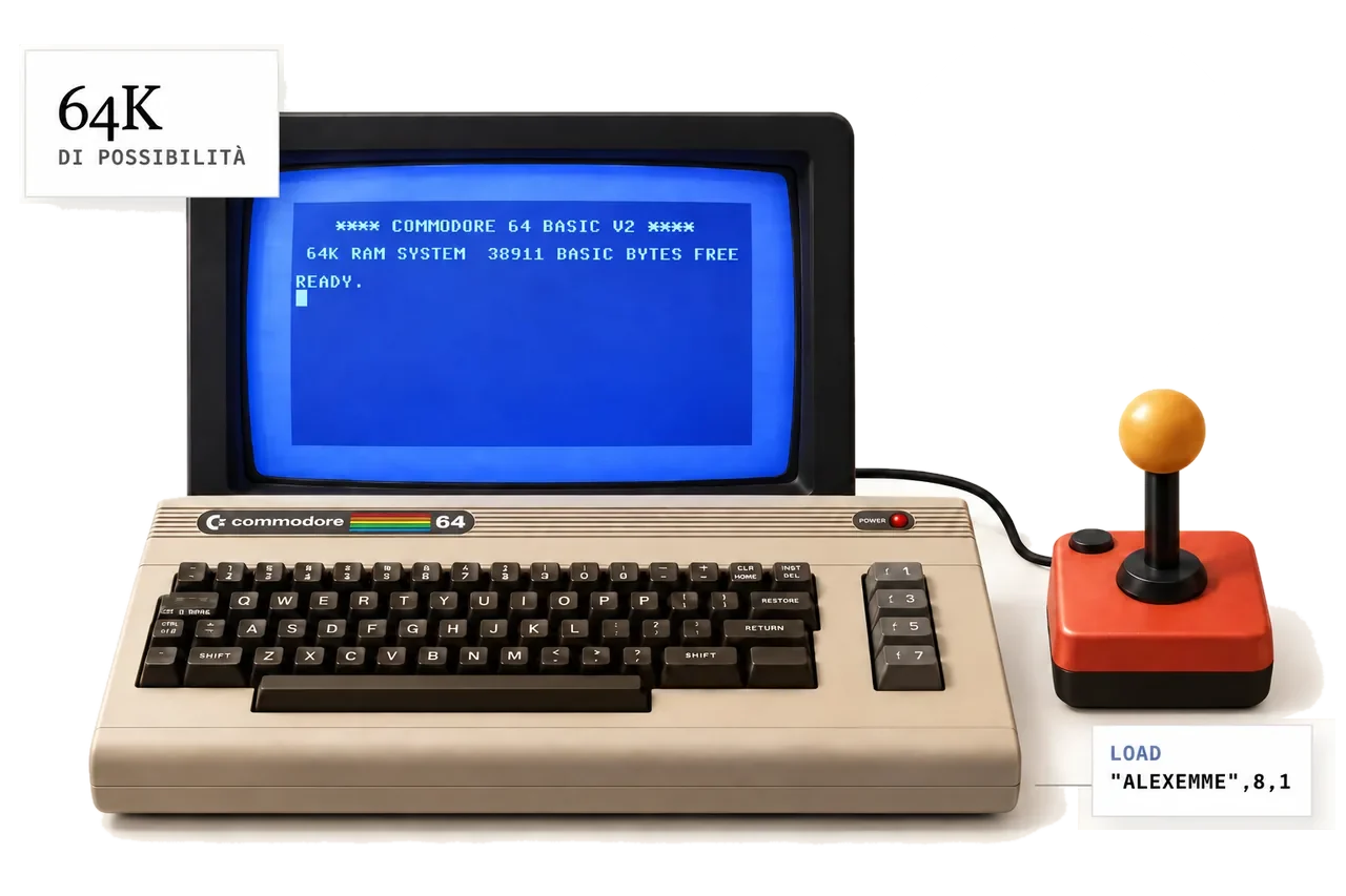 Composizione editoriale con Commodore 64, monitor BASIC e joystick arcade