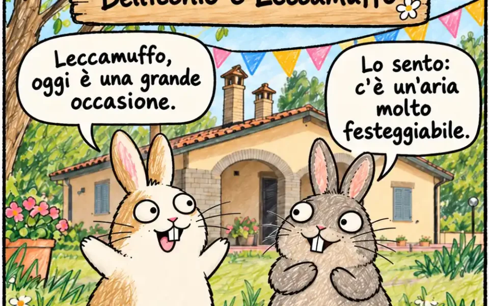 Bellicchio e Leccamuffo fanno gli auguri a Luna per il suo nono compleanno davanti a una ciotola decorata.