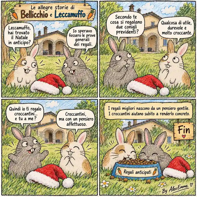 Bellicchio e Leccamuffo, accanto a un cappello di Babbo Natale, immaginano di scambiarsi croccantini come regali anticipati.
