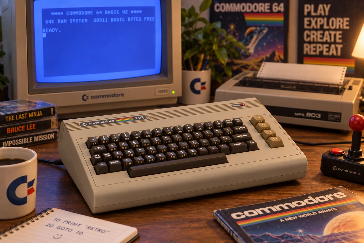 Commodore 64 con monitor CRT, joystick e cassette