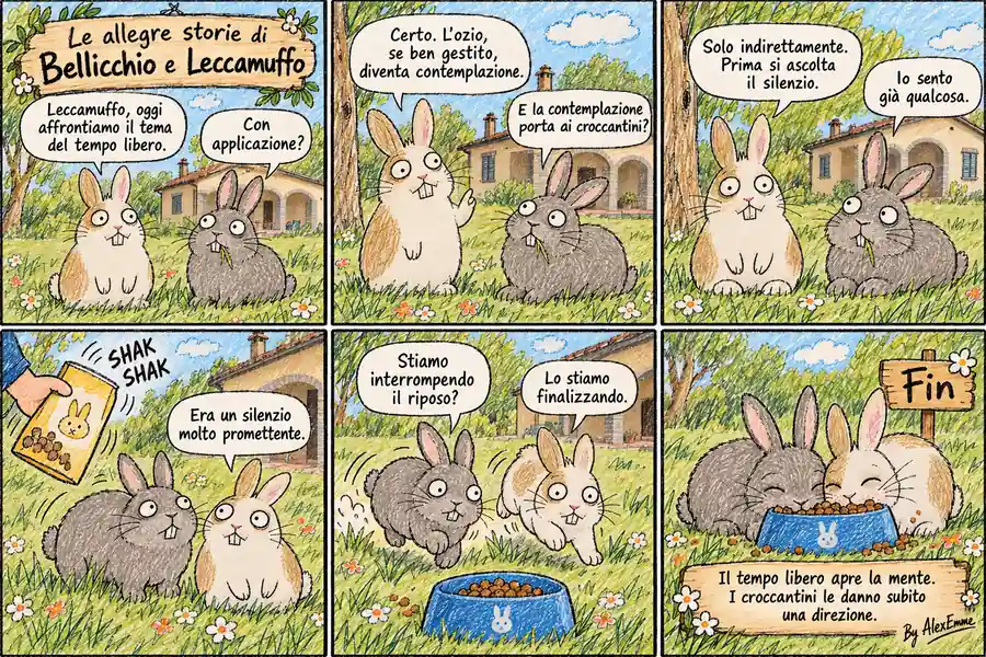 Tavola di Bellicchio & Leccamuffo ambientata nel giardino di Villa Coniglia: una riflessione sul tempo libero, la contemplazione e l'irresistibile capacità dei croccantini di rimettere ordine nelle priorità.