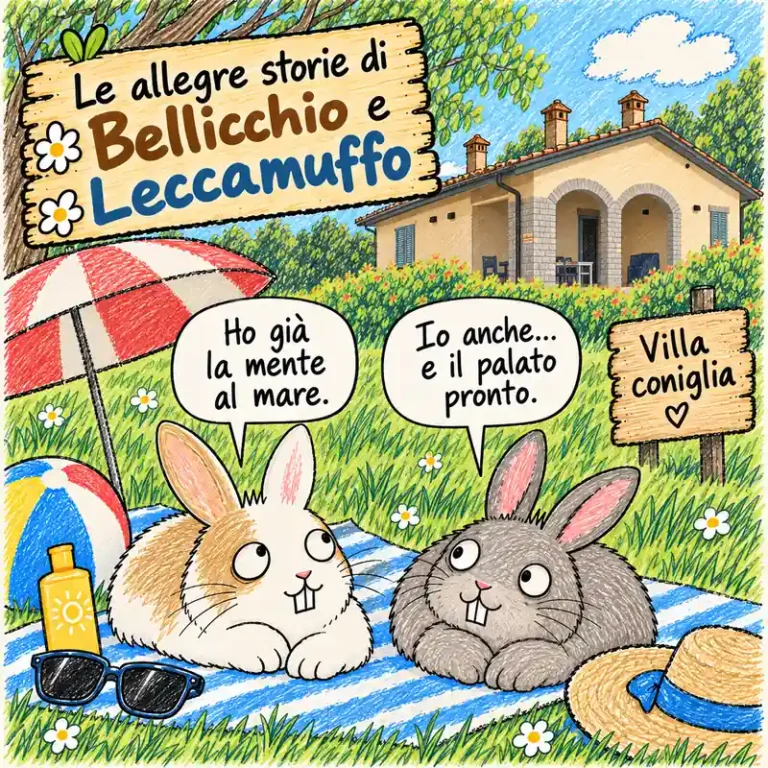 Bellicchio e Leccamuffo sul prato di Villa Coniglia mentre pensano alle vacanze estive.
