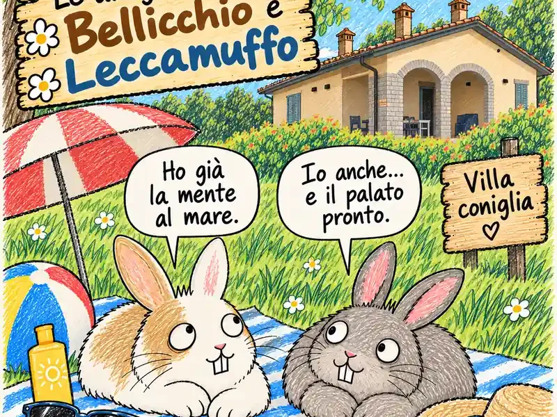 Bellicchio e Leccamuffo sul prato di Villa Coniglia mentre pensano alle vacanze estive.