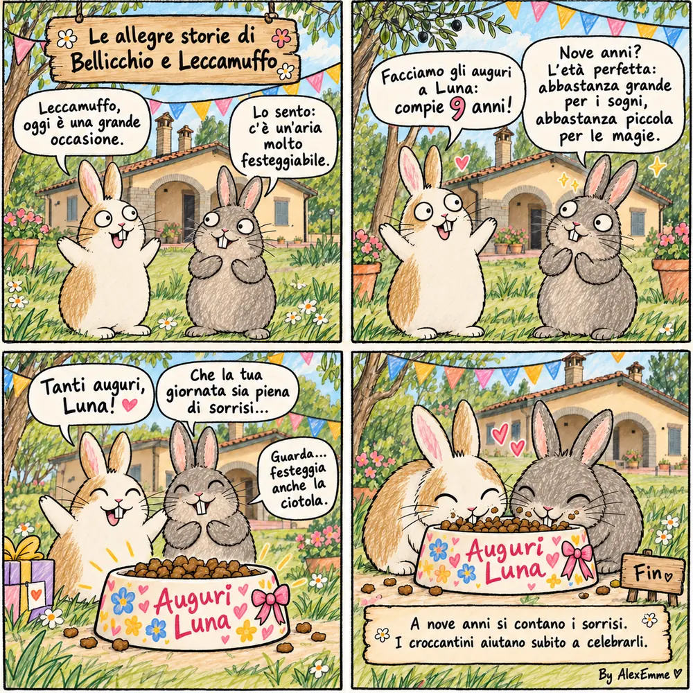Tavola speciale di compleanno di Bellicchio & Leccamuffo: a Villa Coniglia i due conigli festeggiano i nove anni di Luna tra auguri, sorrisi e una ciotola di croccantini preparata per l’occasione.