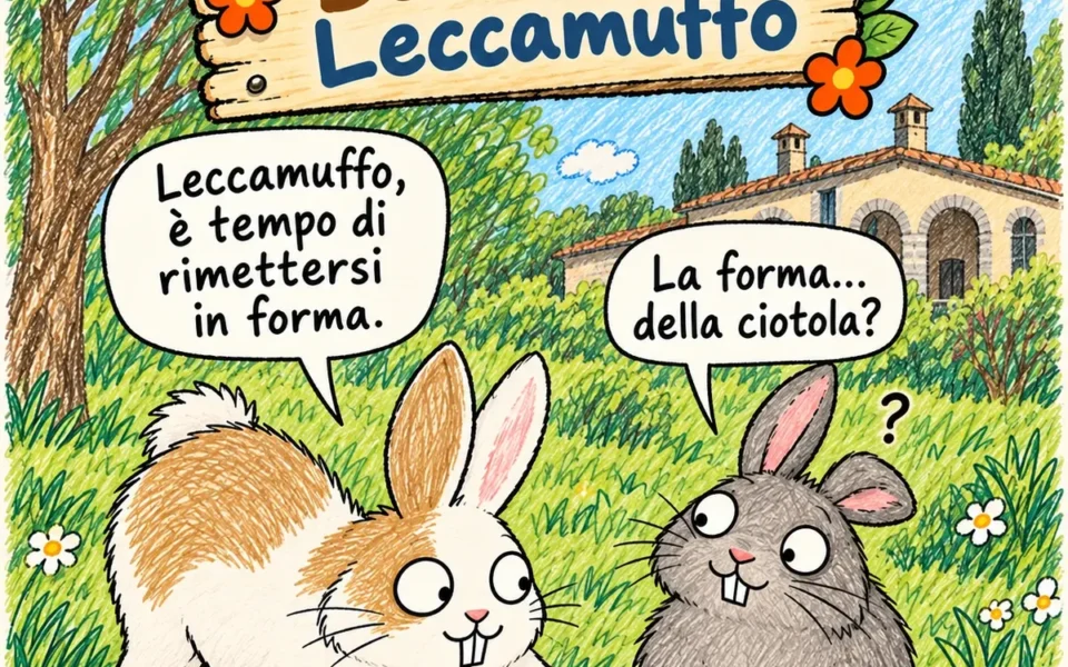 Tavola di Bellicchio e Leccamuffo dedicata all’esercizio fisico, con Leccamuffo che trasforma l’allenamento in una corsa verso i croccantini.