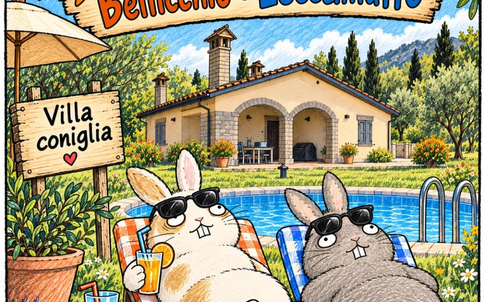 Bellicchio e Leccamuffo a bordo piscina davanti a Villa Coniglia