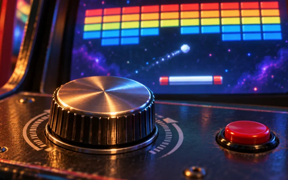 Pannello arcade di Arkanoid con spinner rotativo e pulsante davanti allo schermo di gioco.