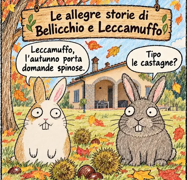 Bellicchio e Leccamuffo osservano castagne e ricci a Villa Coniglia prima di concludere davanti a una ciotola di croccantini.