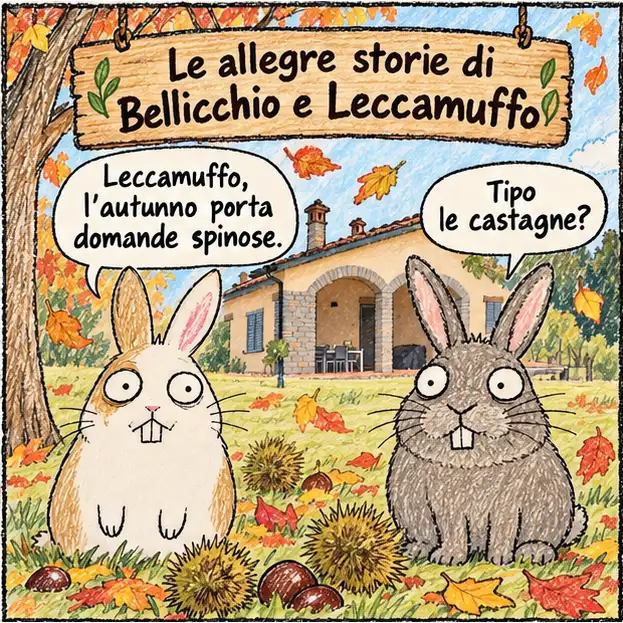 Bellicchio e Leccamuffo osservano castagne e ricci a Villa Coniglia prima di concludere davanti a una ciotola di croccantini.