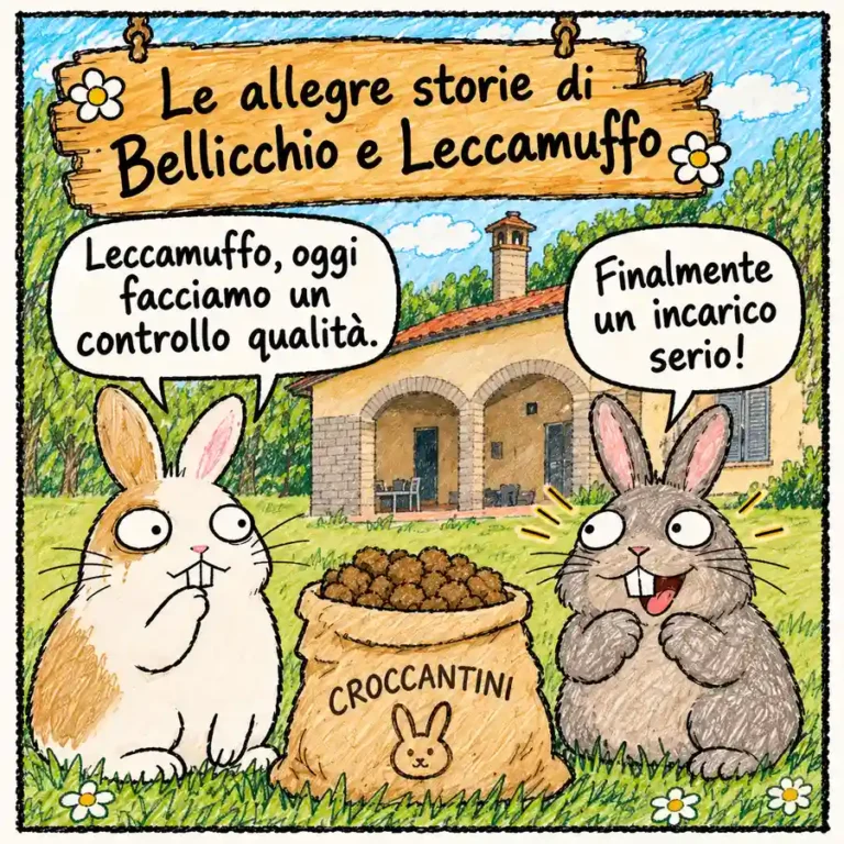 Bellicchio e Leccamuffo eseguono un controllo qualità dei croccantini osservandoli, annusandoli e assaggiandoli fino a svuotare la ciotola.