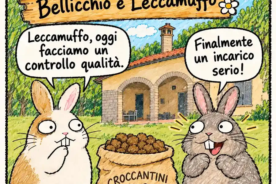 Bellicchio e Leccamuffo eseguono un controllo qualità dei croccantini osservandoli, annusandoli e assaggiandoli fino a svuotare la ciotola.