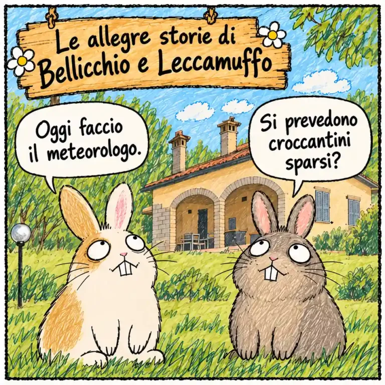 Bellicchio e Leccamuffo osservano il cielo e fanno previsioni meteo a Villa Coniglia, finché una ciotola di croccantini conferma il loro modello.