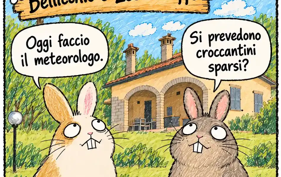 Bellicchio e Leccamuffo osservano il cielo e fanno previsioni meteo a Villa Coniglia, finché una ciotola di croccantini conferma il loro modello.